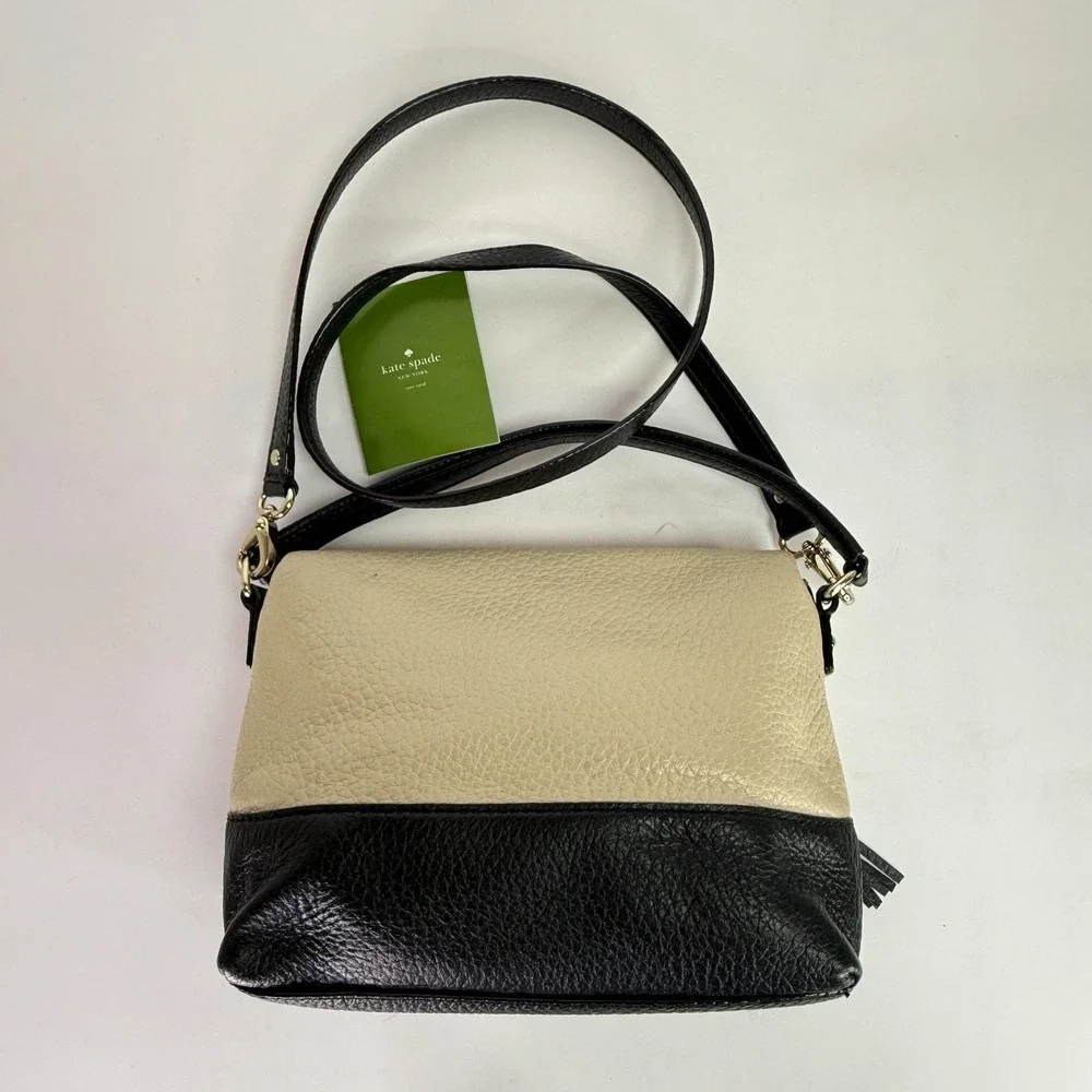 Kate Spade Crossbody Bag Womens Small Black Beige Pebbled Leather Tassel Purse